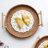 Rattan Woven Round Basket Round Serving Cracker Tray With Handles for Bread Fruit Vegetables Restaurant Serving Dinner Parties & Tabletop Display Baskets