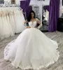 2022 vestidos de noiva lindos vestido de bola de noiva de mangas compridas Apliques de renda de renda Top cetim colher pescoço tule dubai personalizado feito plus size vestido de novia 403 403