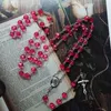 Pink Acrylic Rosary Necklace For Women Religious Jesus Cross Pendant Prayer Jewelry