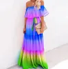 Women's Elegant Off Shoulder Summer Ruffle Beach Maxi Dress Rainbow Pleated Casual Long Dresses Full Length S-2XL