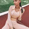 3pcs Sport sport seamless مجموعة تجريب النساء ضلع 3 2 قطعة طويلة الأكمام سستة المحصول العلوي قميص Legging اللياقة البدنية مجموعة الملابس اليوغا صالة الألعاب الرياضية