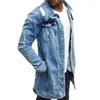 Осенняя новая мужская длинная джинсовая куртка, однобортная облегающая повседневная рваная ковбойская куртка со средними отверстиями, мужская джинсовая куртка в стиле сафари 3XL C1108