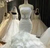 Vestidos de novia de sirena de lujo, tren sin tirantes, Organza, volantes, fajín de cristal, vestido de novia, bata de novia 2022