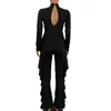 Kvinnors Jumpsuits Rompars Casual Women Ribbed Jumpsuit Långärmad Turtleneck Hollow Out Back Hög Elasticitet Rib Bodysuit Ruffles Utomhus