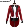 ShowerSmile Sequin Jacket Long Blazerメンズレッドスワローテールコートステージシンガーマジシャンスーツジャケットブランド3xL Tuxedo Blazer Y201026