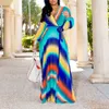 2020 Stripe Print Chiffon Long Prom Dress With Sashes Women African Contrast Color Long Sleeve Deep V Evening Party homecoming