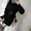 Elegant Tunic Belted Knitted Dress Women Autumn Winter Sweater Dress Fashion Korean Turtleneck Side Split Pullover Vestido