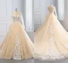 2021 Princess Wedding Dresses Champagne Lace Ivory 3D Flowers Floral Applique V Open Back Poet Long Sleeves Bridal Dress Women Plus Size