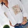 Moda - Damska koszula Casual z długim rękawem Szyfonowa klatka piersiowa Cekinowa kieszeń z długim rękawem Bluzki Luźne Kobiece Tops Bluzka
