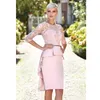 Peplum Pink 2022 Mother of the Bride Dresses Lace Appliqued 3/4 Long Sleeve Guest Dresses Jewel Neck Evening Gowns