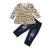 ZWF433 Girls Beige Leopard Printed Pattern Long Sleeve Round Collar Top + Long Jeans Set Kids Outfits Set For Kid Girl 3-10YearsX1019