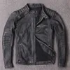 Gratis frakt.Vintage style mens cowhide kläder, kvalitet biker läderjacka, mode svart äkta läder coat.homme slim, lj201029