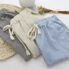 Gaokes de linho de algodão mulheres casuais calças moda solta calças longas cintura elástica calças listradas retas pantalon 201106