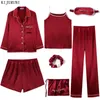 Female Long Sleeve Pyjamas Women 7 Pieces Red Pajamas Set Satin Silk Sexy Lingerie Home Wear Sleepwear Pyjamas Set Ladies Pijama 201027