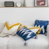Pillow Case Handmade Cushion Cover Moroccan Style Abstract Zigzag Navy Blue Pillowcase Tassels Fringe Square Y200104