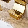 Grifos de lavabo de baño, grifo de lavabo, manija de cristal montada en cubierta dorada, cascada, 3 uds., grifo mezclador de manijas dobles Torneira