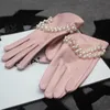 5本の指の手袋レディースグローブ本革真珠の装飾ショートシンシープウォームプラスベルベットの女性エレガントな黒ピンク1
