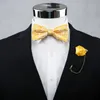 弓ティーペイズリー花柄黄色プリテッドゴールドタキシードネクタイセット男性のための100％シルクハンカチの調節可能なファッションカジュアルパーティーの結婚式1