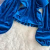 Sonbahar Mavi/Siyah/Kırmızı Velvet Parti Bluz Batı Kıyafetleri Seksi Kare Yaka Pufu Uzun Kol Zinciri Dekor Kısa Smokin Gömlek 2022 Yeni