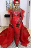 2020 арабский ASO EBI красные роскошные сексуальные вечерние платья кружевные кристаллы выпускные платья прозрачные шеи формальная партия второе приема платье ZJ553