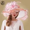 FS Pink Organza Kentucky Derby Hat For Women Wide Brim Beach Big Sun Hats Flowers Elegant Ladies Wedding Church Party Fedoras Y200602