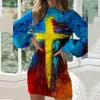 Mulheres Natal árvore esfera impressão vestido de festa outono inverno lanterna manga longa elegante stand collar magro bodycon mini