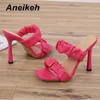 Aneikeh 2021 novo projeto de moda de verão quadrado dedo do pé plissado pleated mules chinelos mulheres sandálias senhoras fina salto alto festa sapato c0129