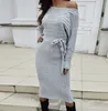Women's Cable Knitted Jumper Dress Ladies Off Shoulder Tie Up Long Midi Split Dresses Long free size