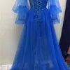 Lorie Long Puffy Sleeve Blue Prom Dresses Tule Backless Lace-up Avondjurk Formele Avond Feestjurk Robe de Soiree Plus Size LJ200821