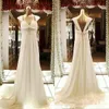 진짜 사진 흰색 쉬폰 제국 허리 웨딩 드레스 구슬로 된 새시 등이없는 긴 스윕 플러스 사이즈 라인 신부 가운 정원