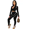 Kvinnors Tracksuits Vit Striped Patchwork Zipper Up Top Leggings Two Piece Set Women Deep V Neck Skinny Streetwear Party Club Bodycon Sweat