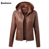 Frauen Mit Kapuze PU Leder Jacken Kaffee Schwarz Winter Warme Oberbekleidung Motorrad Mäntel Mode Faux Leder Jacke Hoodies 201020