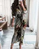 Casual Dresses 2022 Women Summer Sexy Leaf Pattern Print Tied Detail Ruched Shirt Dress Vintage Bodycon Party Long310D