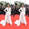 2022 Celebrity Red Carpet Jumpsuit With Train Sexy V-neck Long Sleeve Stain Design Formal Prom Occasion Evening Dress Pant