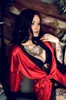 Sexiga Kvinnor Lady Underkläder Satin Silk Lace Patchwork Gown Badrockar Lång Nightdress Red Bridal Kimono Robe med bälte