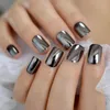 False Nails Black Mirror Short Fake Nail Round Metallic Cool Full Cover Tips Dark Decorated Artificial 24pcs Prud22