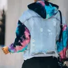 Femmes Tie Dye Hooded Automne Denim Vestes Trou Manches Chauve-Souris Patchwork Poche Manteaux Femme Mode Streetwear Lady Tops 201106