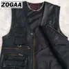 Zogaa Multi Pocket Colet Men Men Black Pography Vests Genuine Leather Motorcycle Biker Coloque Macho Male Autumn Jacket Men 201127