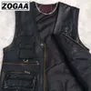 ZOGAA Multi Pocket Vest Men Black Pography Vests Genuine Leather Motorcycle Biker Waistcoat Male Autumn Sleeveless Jacket Men 201127