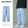 New Autumn Men Denim Wide-leg Pants Korean Style Straight Light Blue Baggy Jeans Elastic Waist Student Trousers Male Black Gray G0104