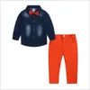 İlkbahar Sonbahar Erkek Giyim Setleri Çocuklar Uzun Kollu Kovboy Gömlek Ile Papyon + Pantolon 2 adet Set Çocuk Takım Elbise Erkek Kıyafetler
