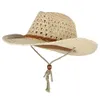 Gemvie Cowboy Hat Hat Hats Summer for Men Paper Straw Straw Woven Wide Brim Hollow Out Straw Hat Wind Lanyard Usisex Beach Sun Hat Y200602