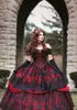 Rote und schwarze Vintage-Kleider, gotische Spitze, schulterfrei, Kristalle, Rüschen, maßgeschneidertes Hochzeits-Ballkleid, Vestido de Novia