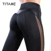 Titame Mulheres Fitness Legging Mulheres Pu Couro Legging Calças Femmle Mesh e PU Couro Patchwork Leggings Calças Sólidas LJ201006