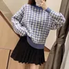 Kvinnor Houndstooth Stickning Loose Sweater Casual Femme O-Neck Långärmad Pullover High Street Lady Tops SW898 201221