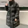 Lagabogy Winter Stand Collar Długie Kobiety White Duck Down Kurtka Kobieta Luźne Wiatroodporny Khaki Parka Gruby Ciepły Płaszcz śniegowy 211221