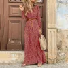 Kvinnor Autumn Boho Floral Print Maxi Shirt Dress Sexig EleAgnt Långärmning V Neck Belt Split Beach Long Dress Robe For Holiday Red LJ201204