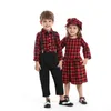 top and Autumn Winter Brother Sister Plaid Matching Outfits,Kids Boys Gentleman Clothes+Girls Casual Princess Outfits 211224