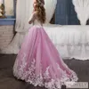 New Princess Ball Gown Long Lace Sleeved Kids Formal Dress Pageant Dress with for Girls Aged 5-12 Years