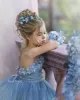 Vestidos bonitos da menina de flor para o casamento céu azul espaguete renda apliques florais saias em camadas meninas desfile vestido uma linha crianças vestidos de aniversário CG001